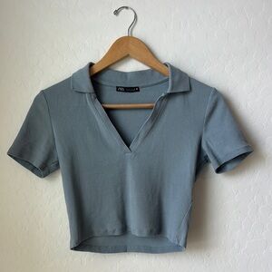 Zara Gray Fitted Polo Crop Tee Short Sleeve